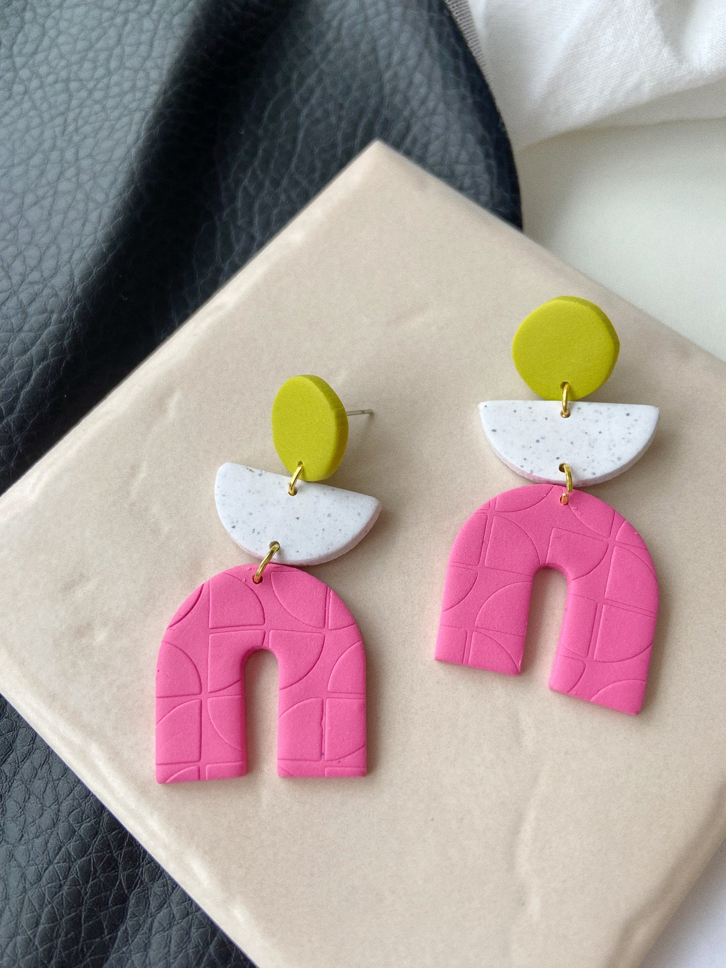 Pink Arch, Large Clay Earrings, Bright and Bold Earrings