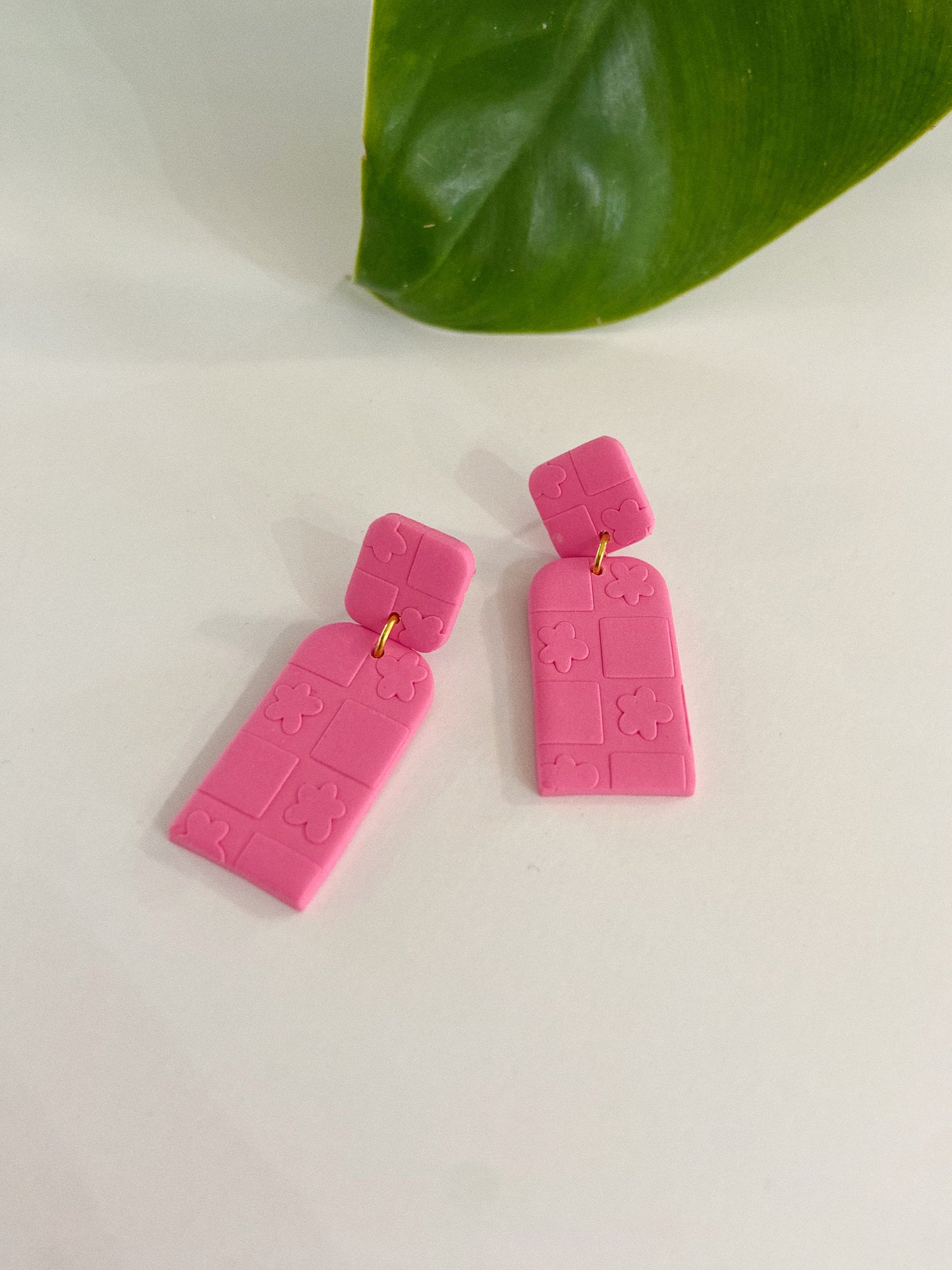 Flower Textured Pink Clay Earrings, Modern Statement Earrings, Checkered Earrings