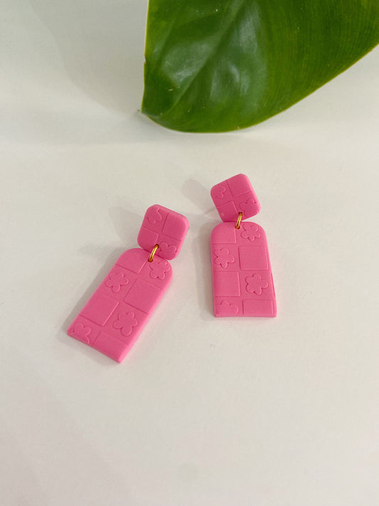 Flower Textured Pink Clay Earrings, Modern Statement Earrings, Checkered Earrings