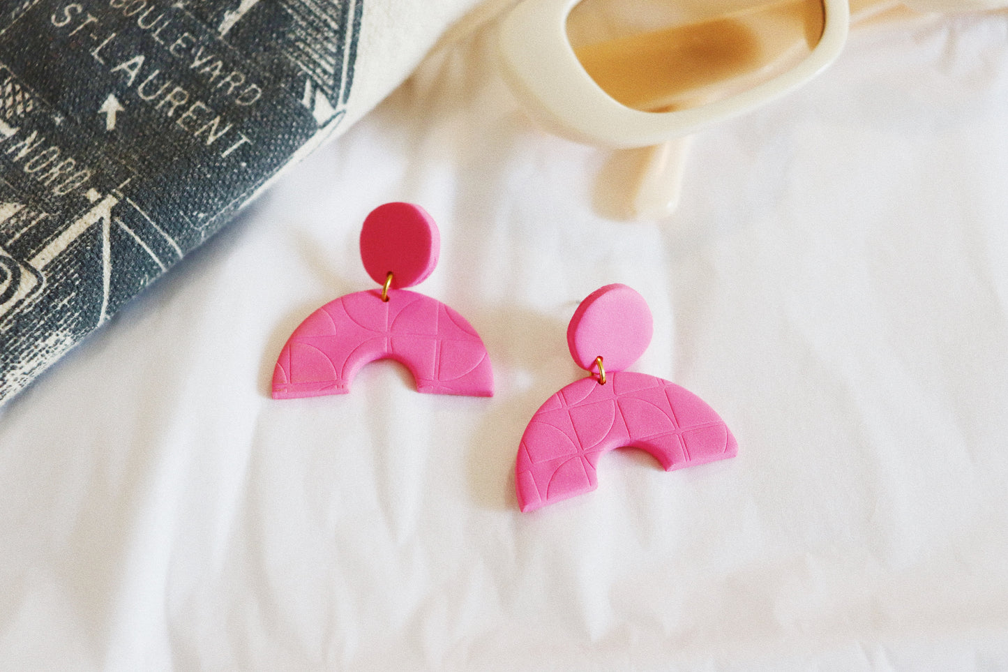 Arch Earrings, Bright Pink Clay Arch Earrings