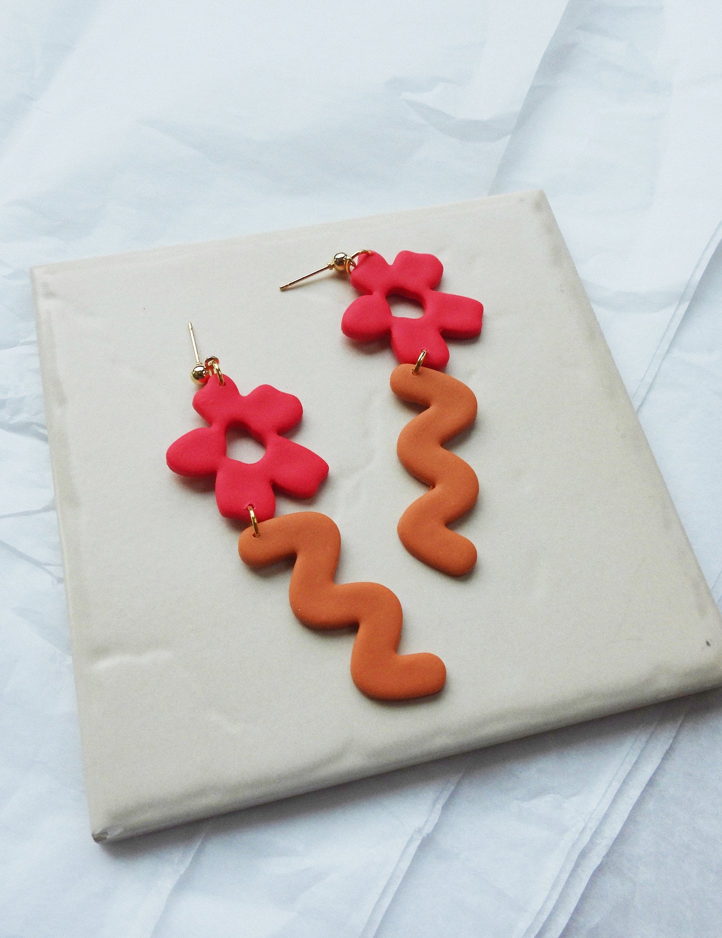 Flower & Stem Earrings, Pink and Orange Earrings