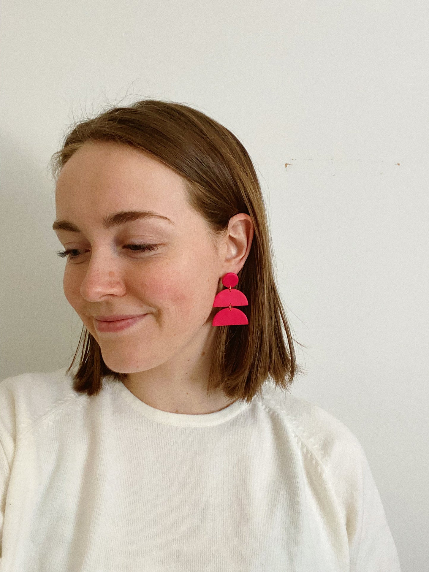 Hot Pink Earrings, Geometric Clay Earrings