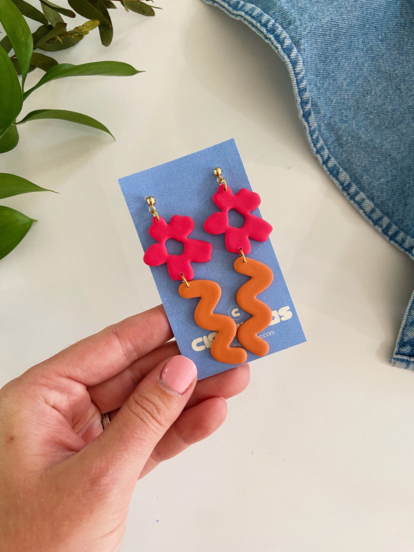 Flower & Stem Earrings, Pink and Orange Earrings