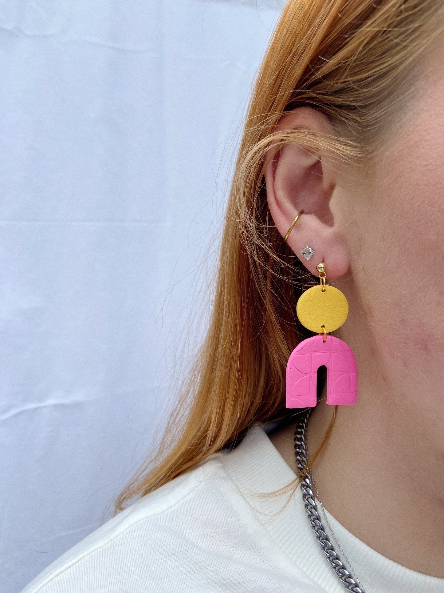 Clay Earrings, Yellow and Pink, Bold Clay Earrings