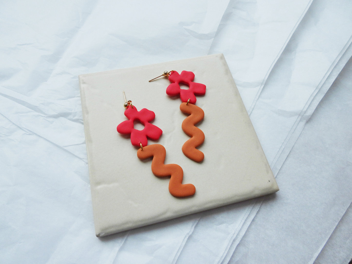 Flower & Stem Earrings, Pink and Orange Earrings