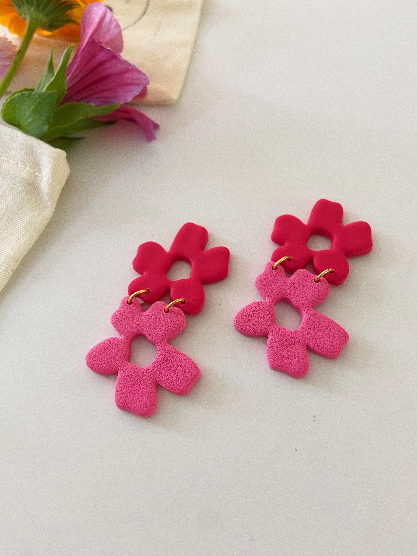 Double Drop Flower Earrings, Red and Pink