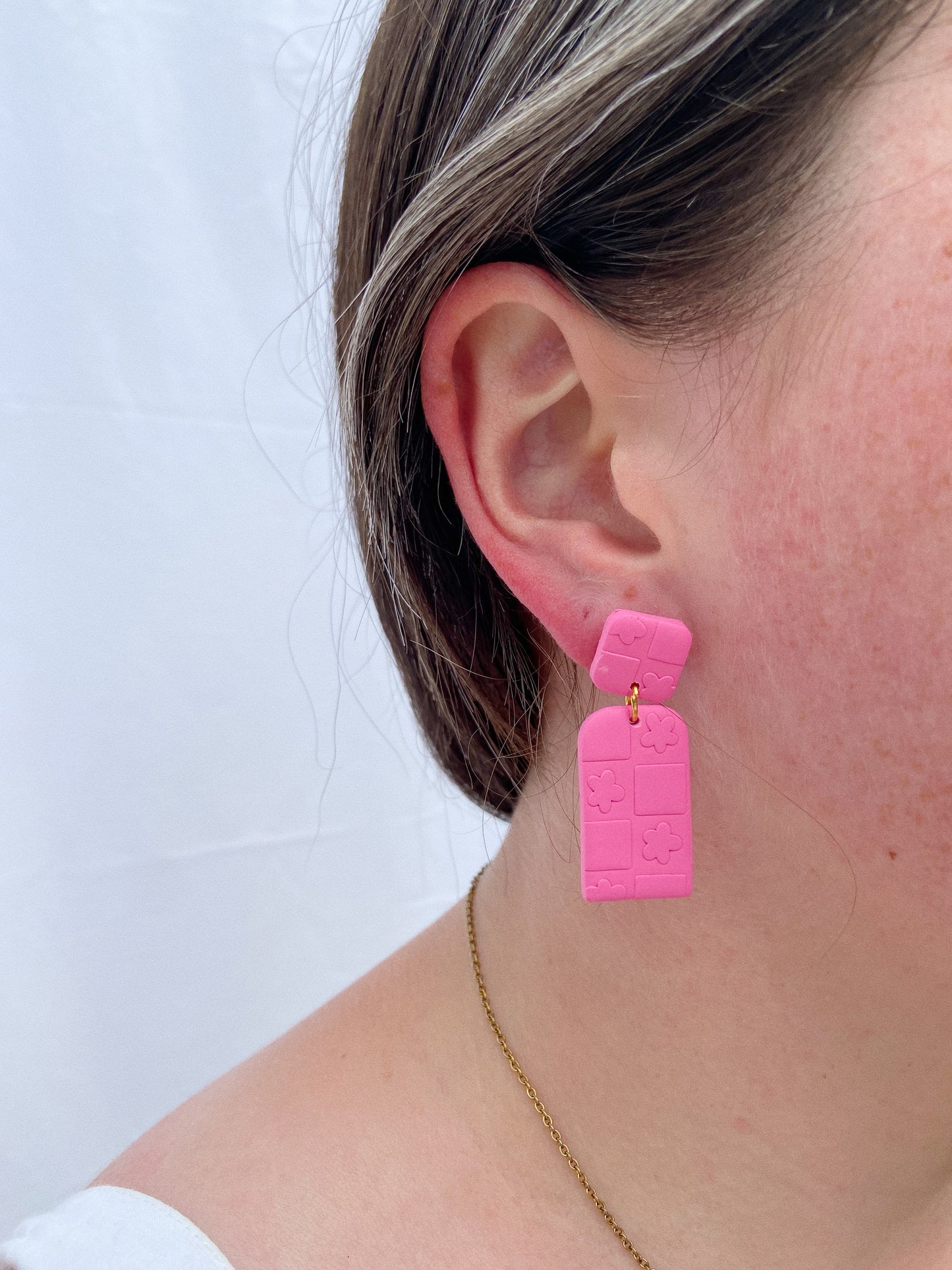 Flower Textured Pink Clay Earrings, Modern Statement Earrings, Checkered Earrings