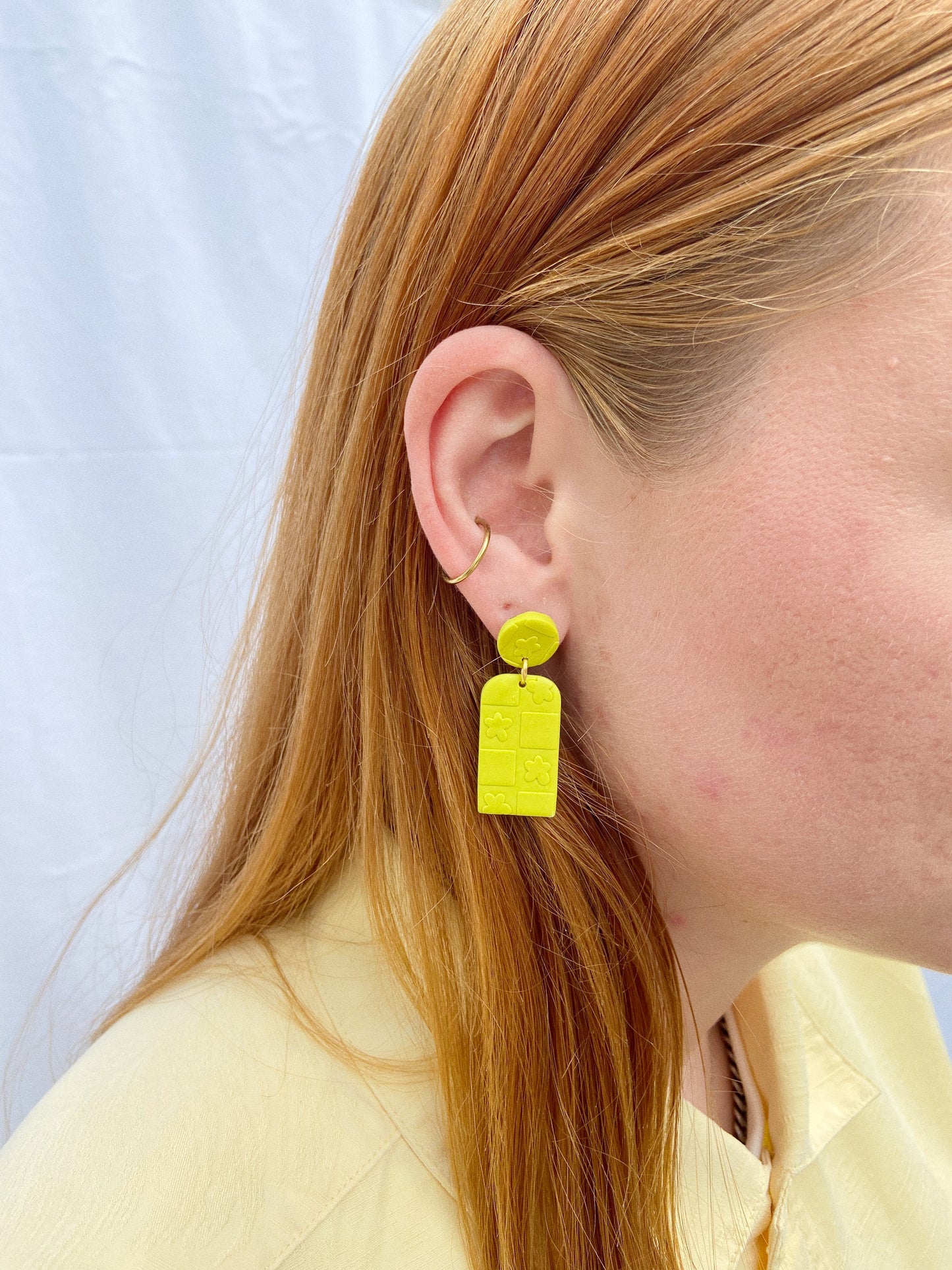 Flower Textured Green Clay Earrings, Modern Statement Earrings, Checkered Earrings