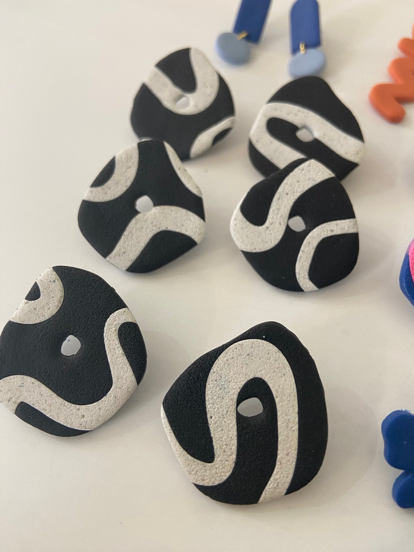 Abstract Organic Clay Earrings, Black and White Squiggle Detail