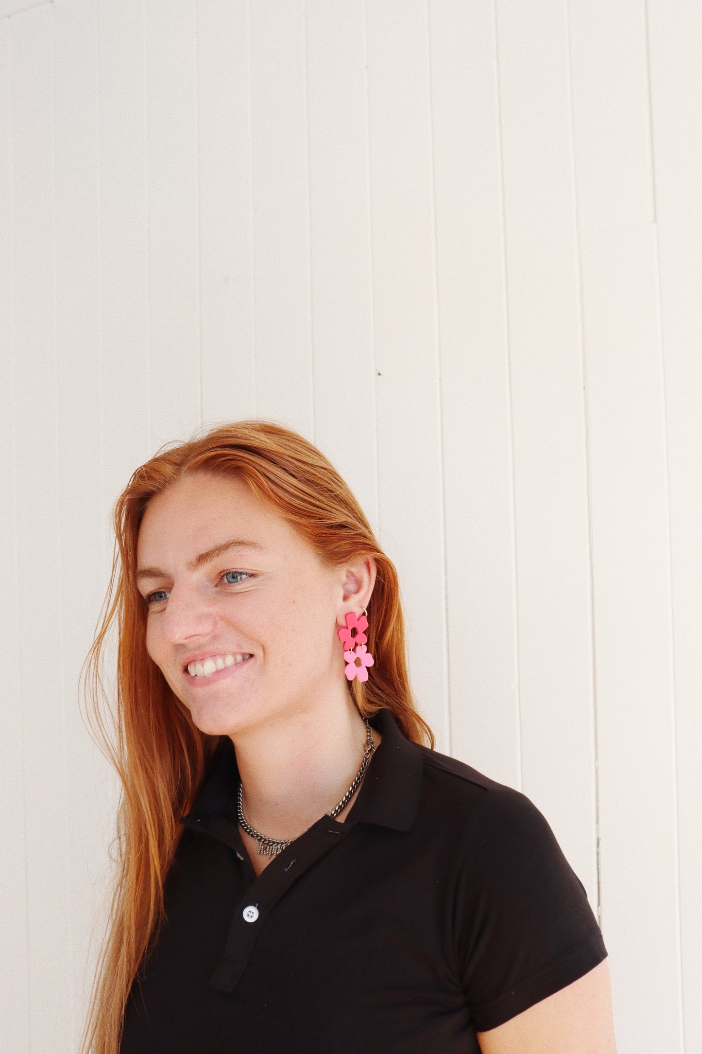 Double Drop Flower Earrings, Red and Pink