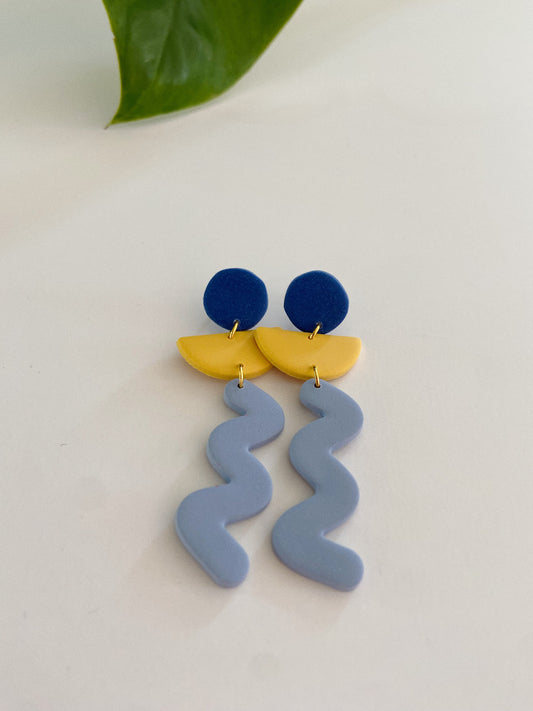 Blue and Green Squiggle Clay Earrings, Blue Clay Earrings, Modern Statement Earrings