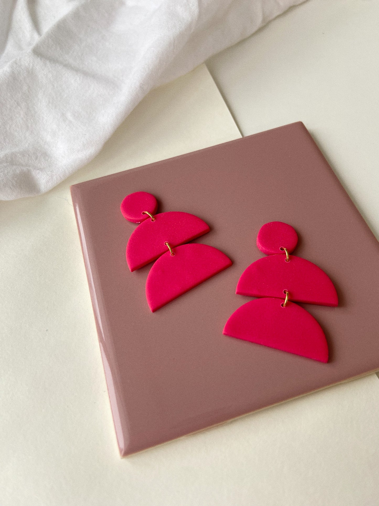 Hot Pink Earrings, Geometric Clay Earrings