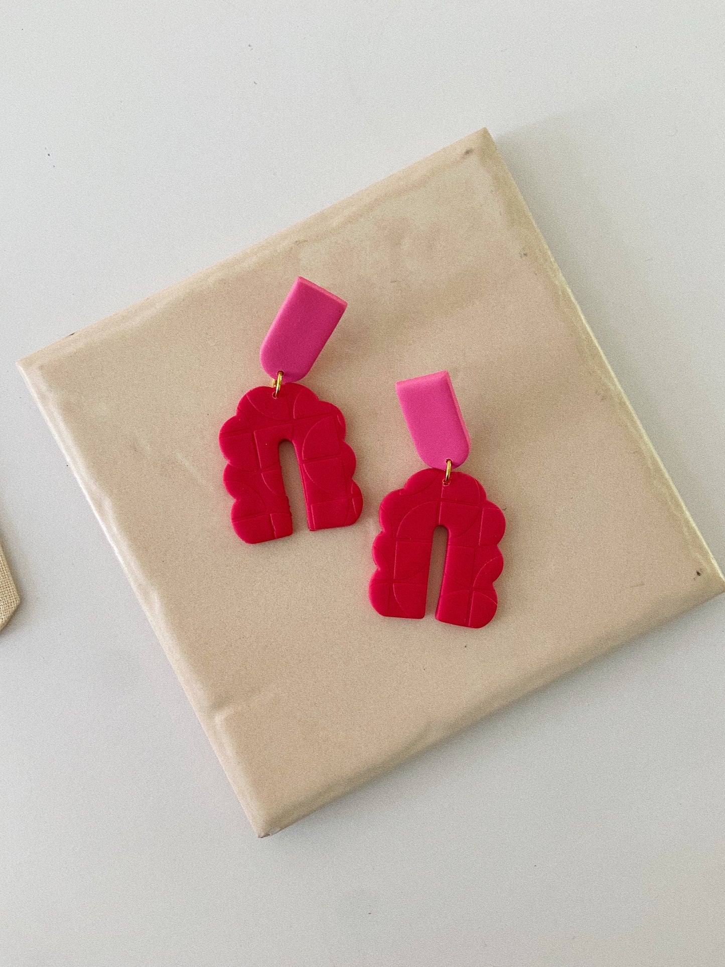 Red and Pink Arch Earrings, Squiggle Earrings, Clay Earrings