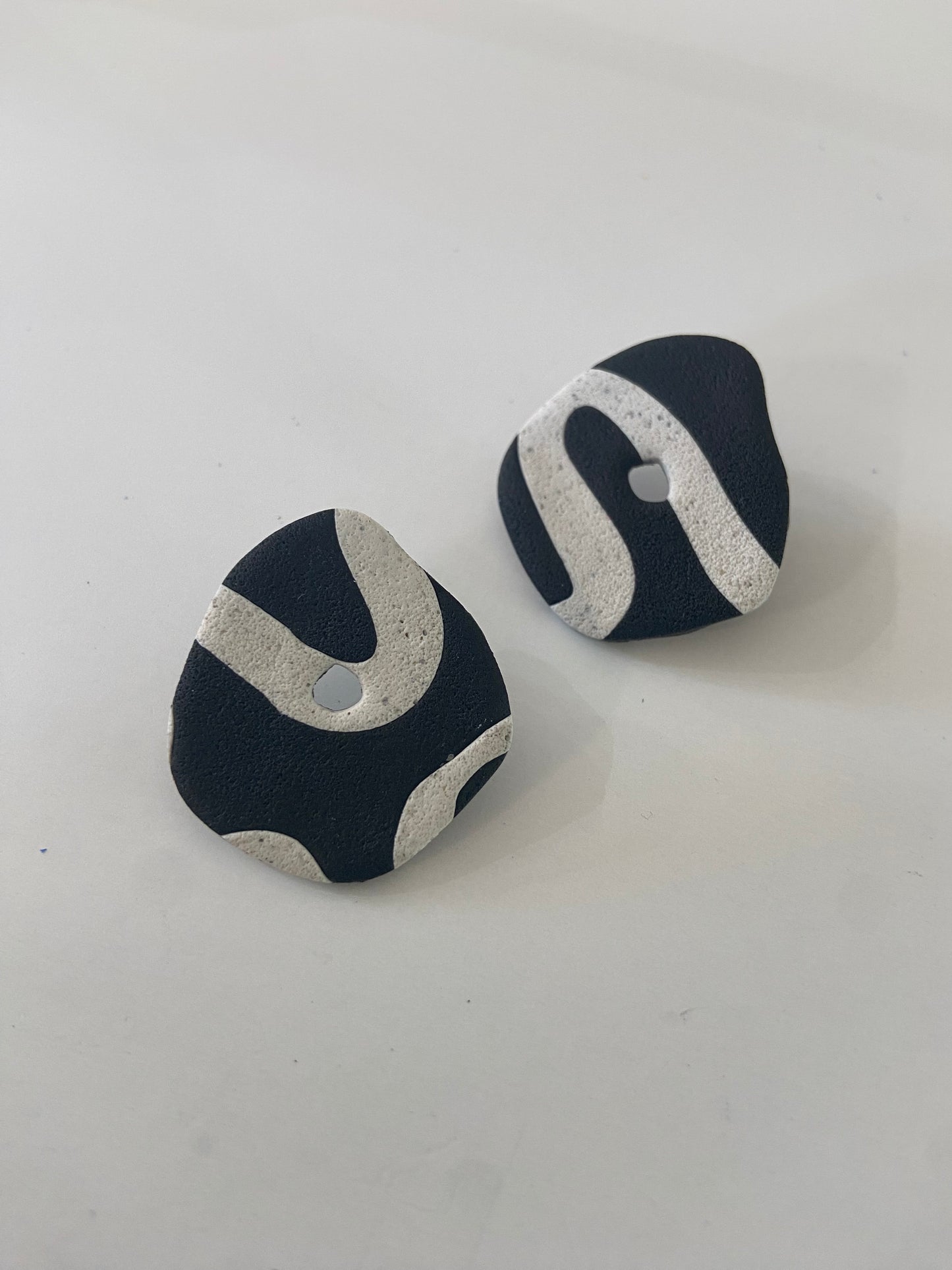 Abstract Organic Clay Earrings, Black and White Squiggle Detail