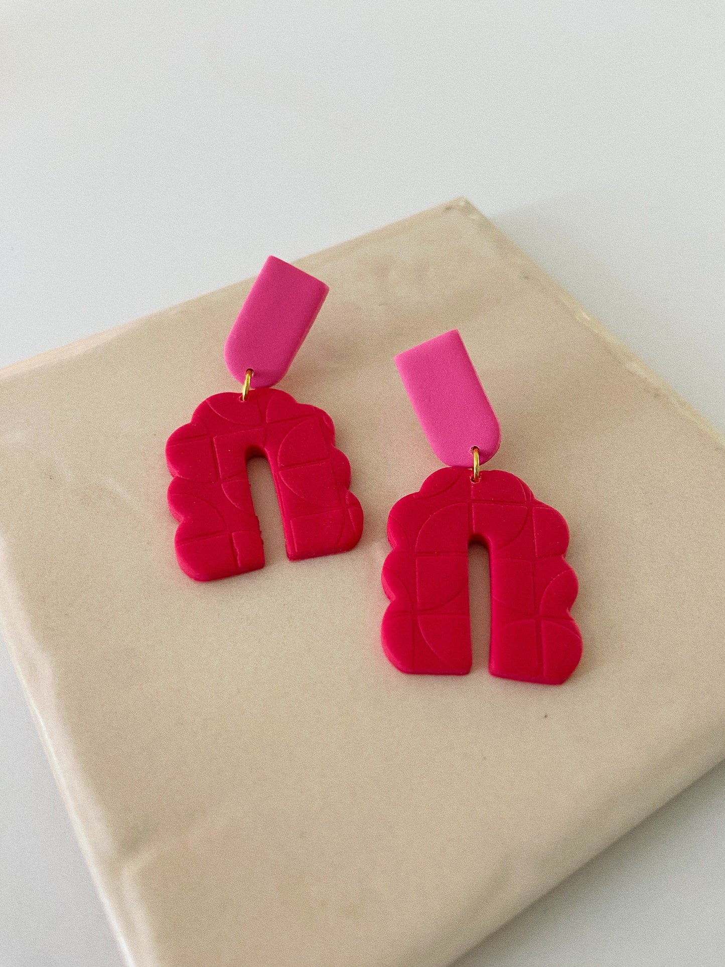 Red and Pink Arch Earrings, Squiggle Earrings, Clay Earrings