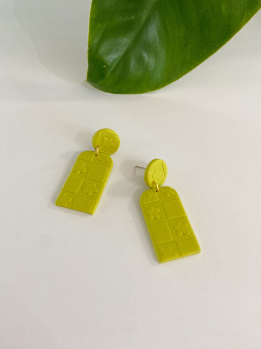 Flower Textured Green Clay Earrings, Modern Statement Earrings, Checkered Earrings