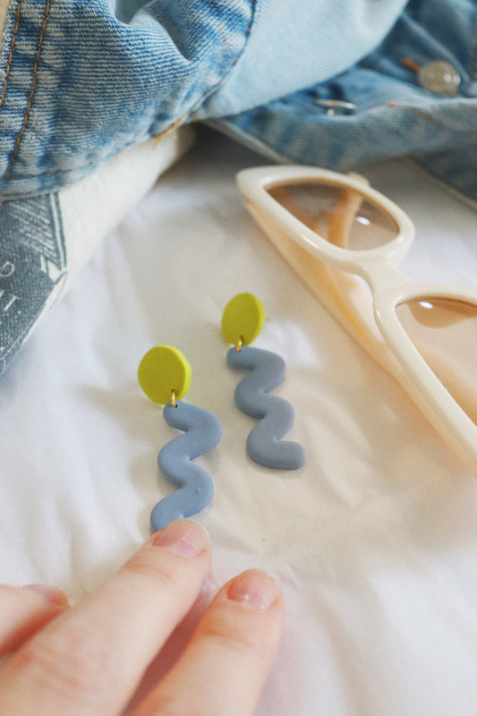 Blue and Green Squiggle Clay Earrings, Blue Clay Earrings, Modern Statement Earrings