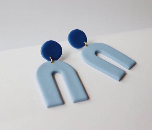 Blue Two Tone Arch Earrings, Clay Earrings, Blue Earrings