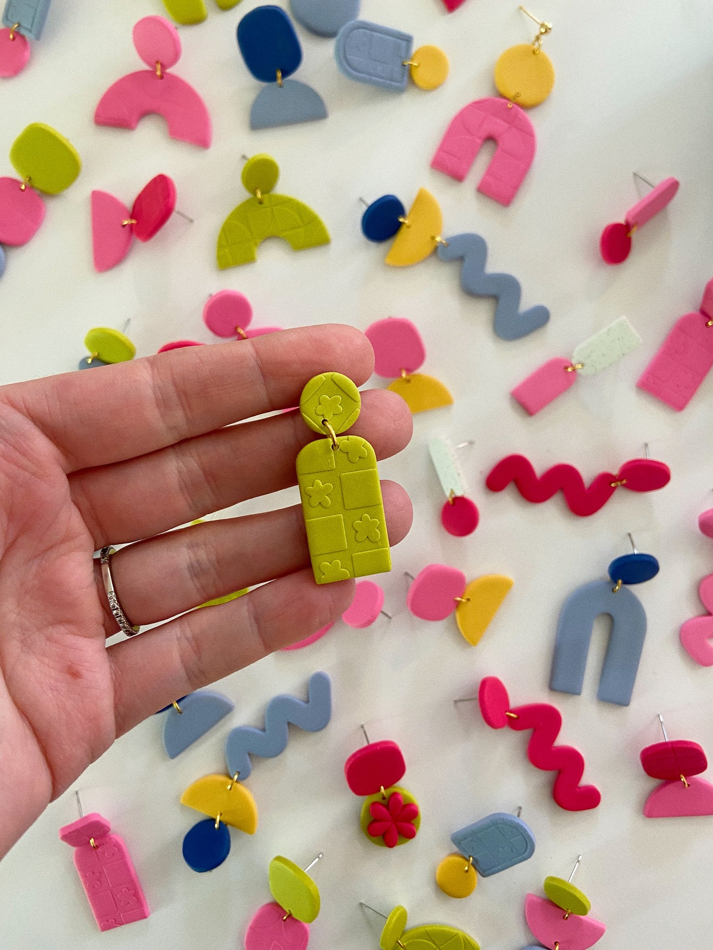 Flower Textured Green Clay Earrings, Modern Statement Earrings, Checkered Earrings