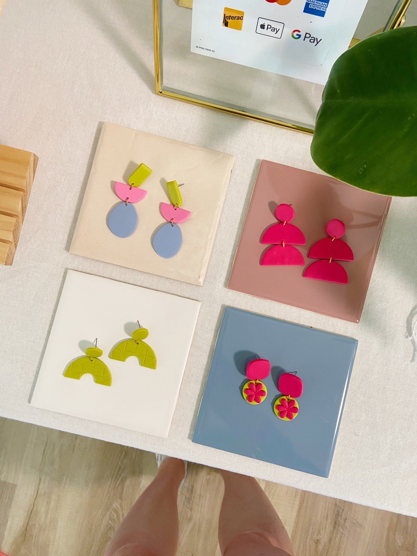 Hot Pink Earrings, Geometric Clay Earrings