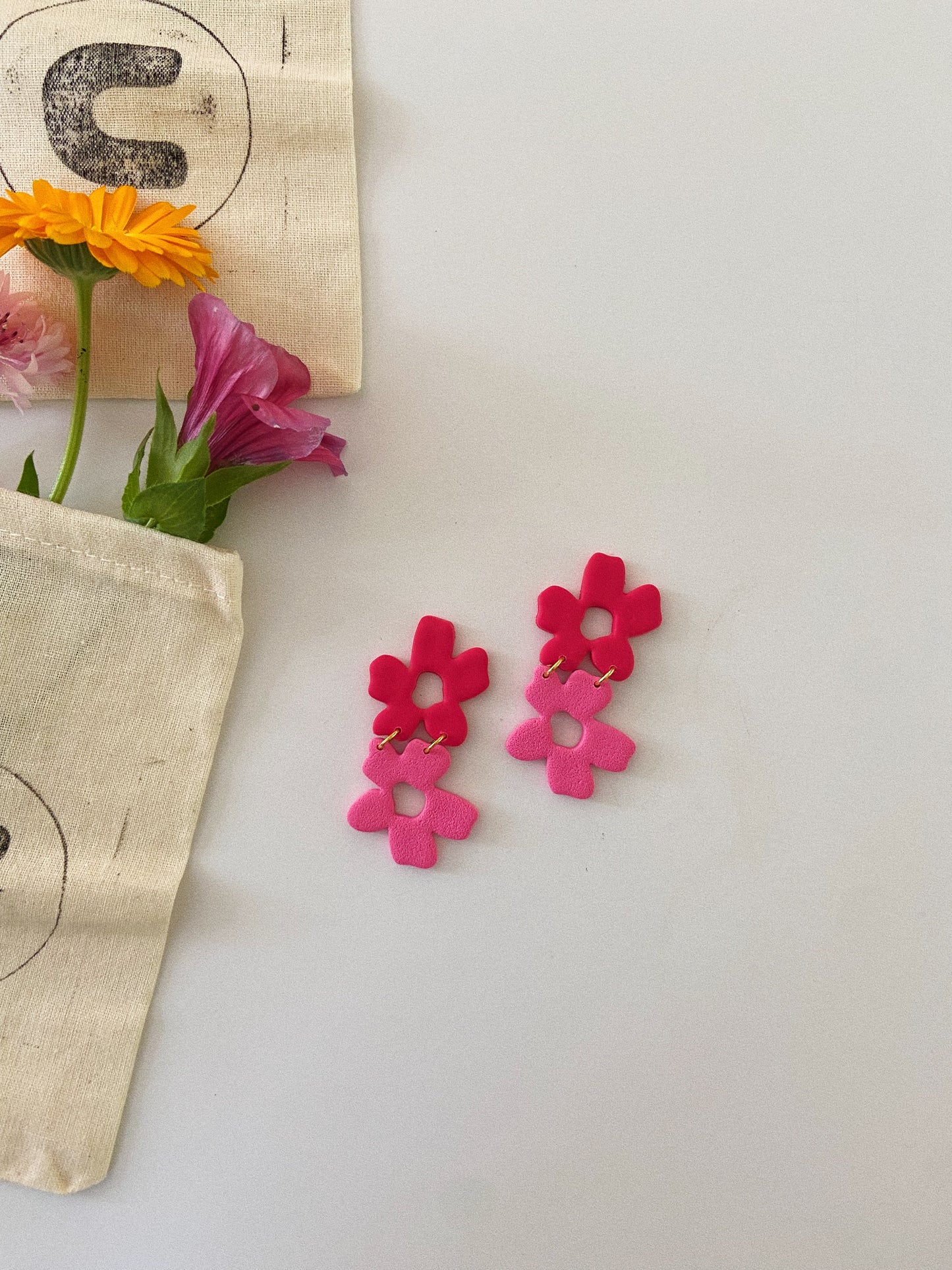 Double Drop Flower Earrings, Red and Pink