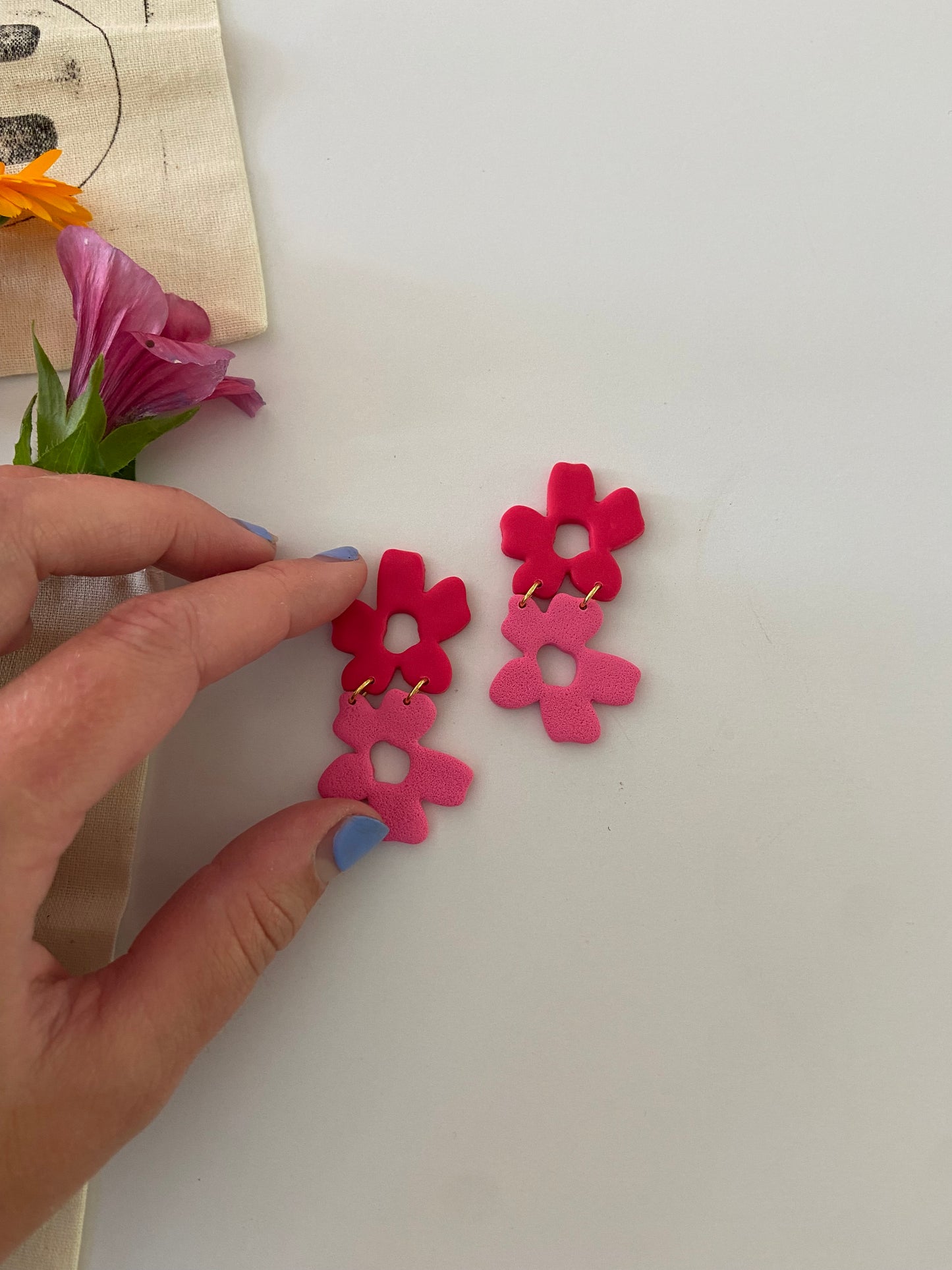 Double Drop Flower Earrings, Red and Pink