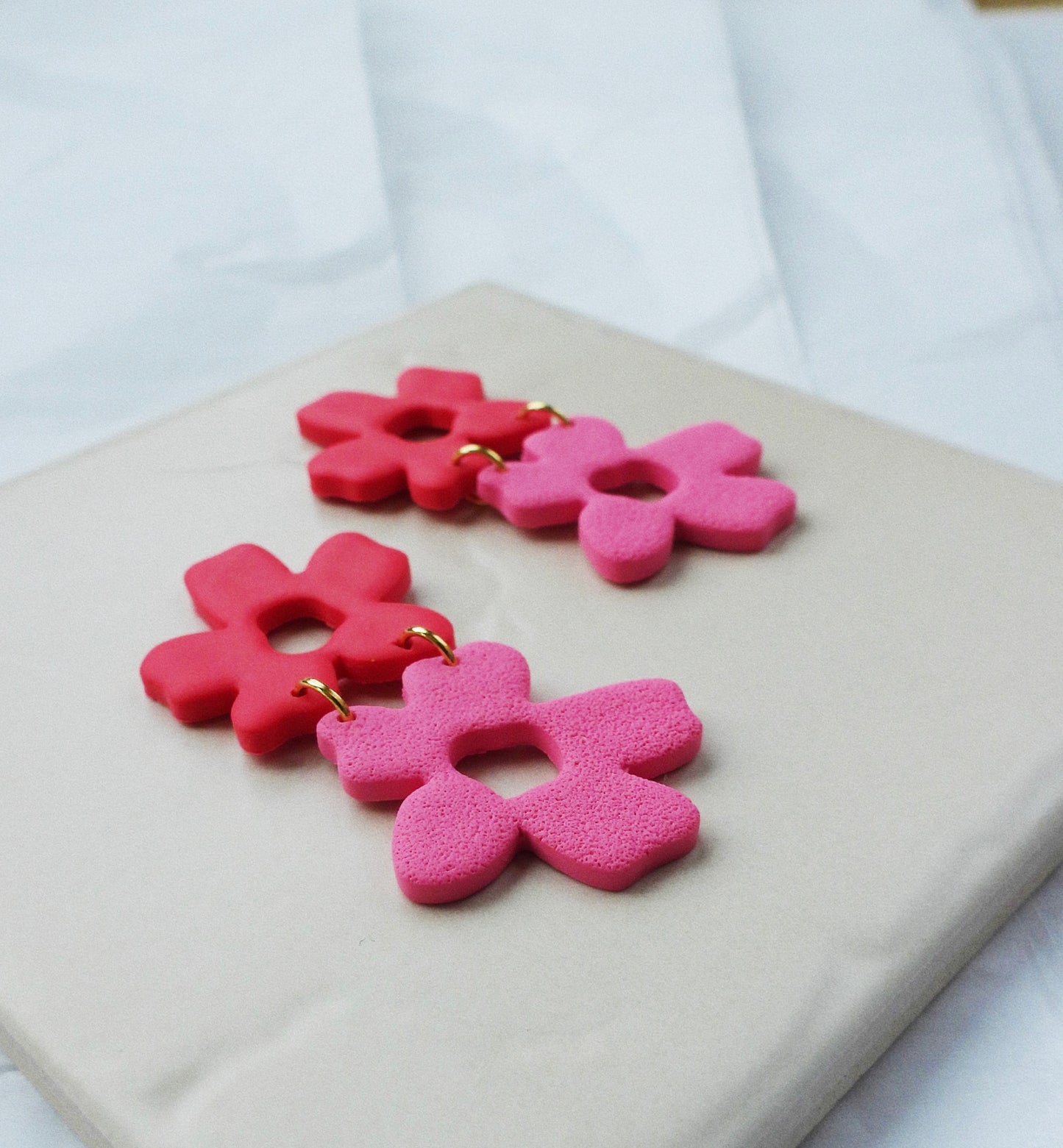 Double Drop Flower Earrings, Red and Pink