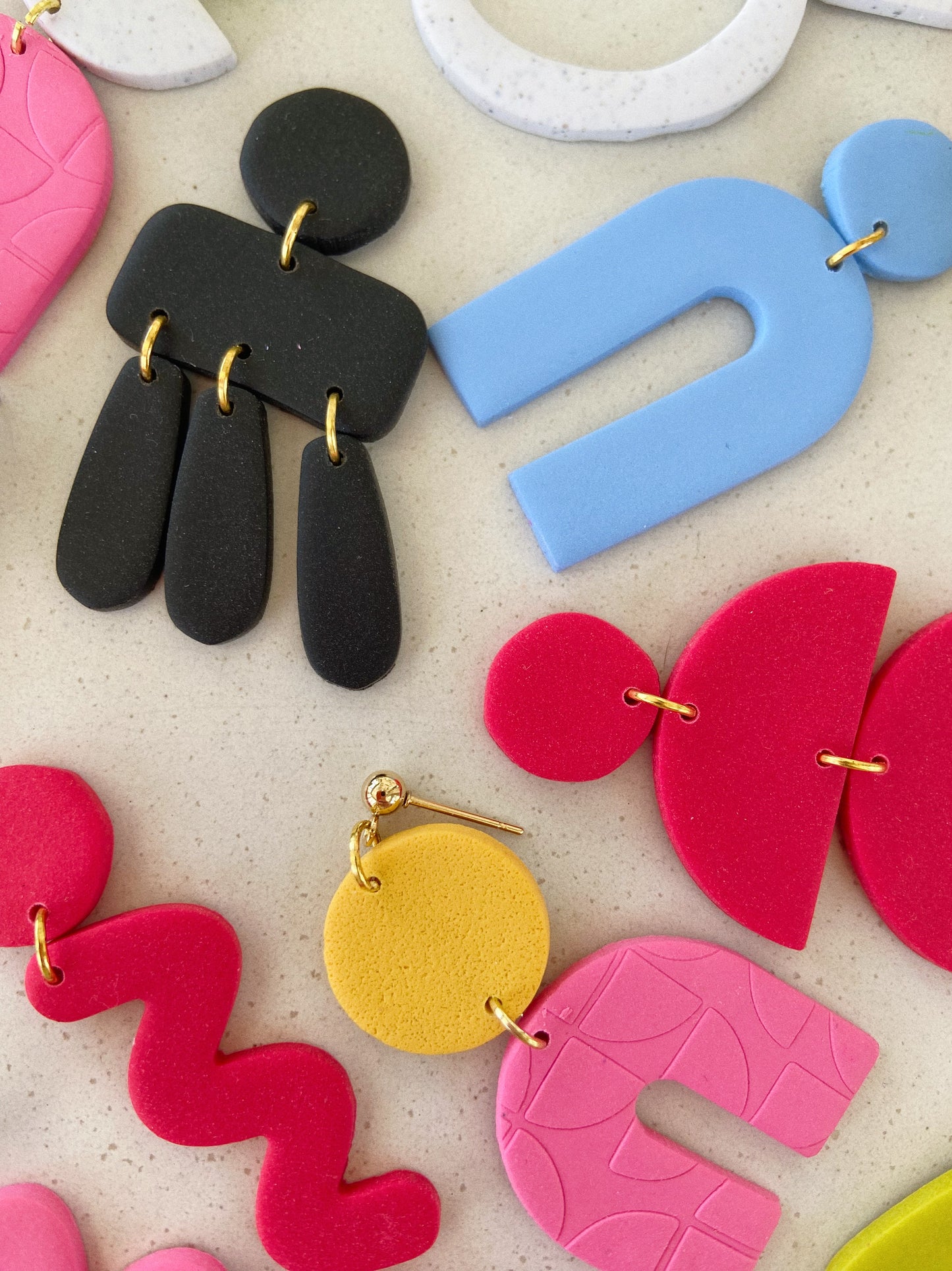 Hot Pink Earrings, Geometric Clay Earrings