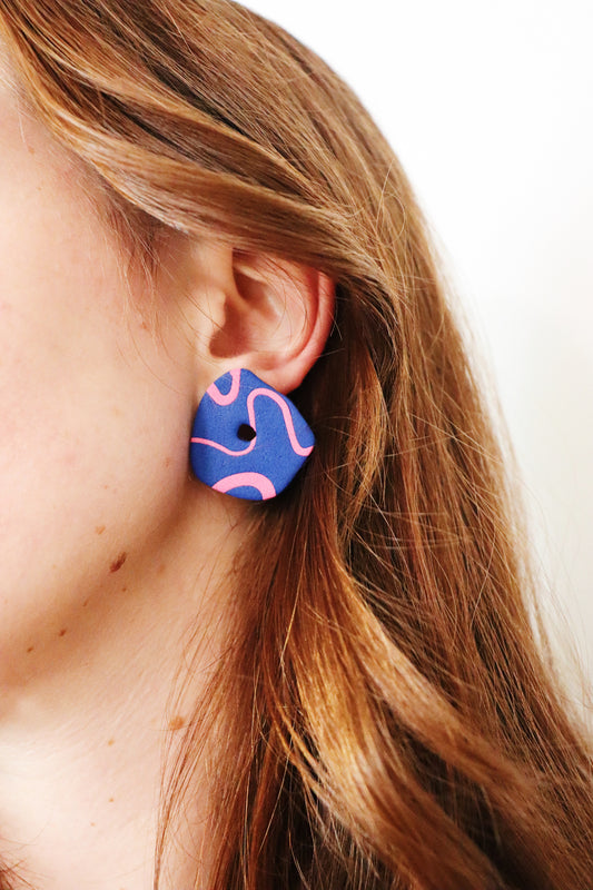 Abstract Organic Clay Earrings, Blue and Pink Squiggle Detail